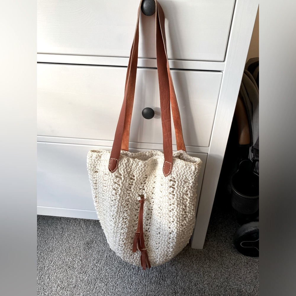 Cream Crochet Tote Bag with Brown Leather Straps